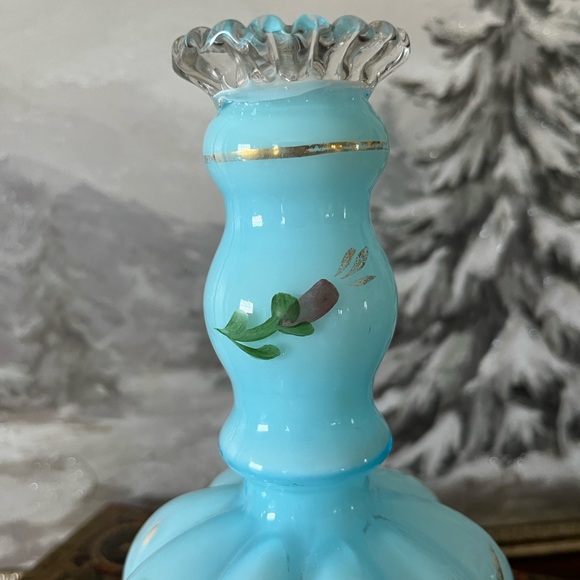 Vintage Blue Hand-Painted Glass Bottle Vase Floral Ruffled Rim No Stopper - Picture 8 of 10